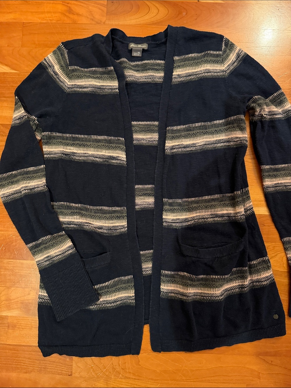 Eddie Bauer Striped Cardigan Sweater Navy Space Dye Blue Pockets XS VGUC